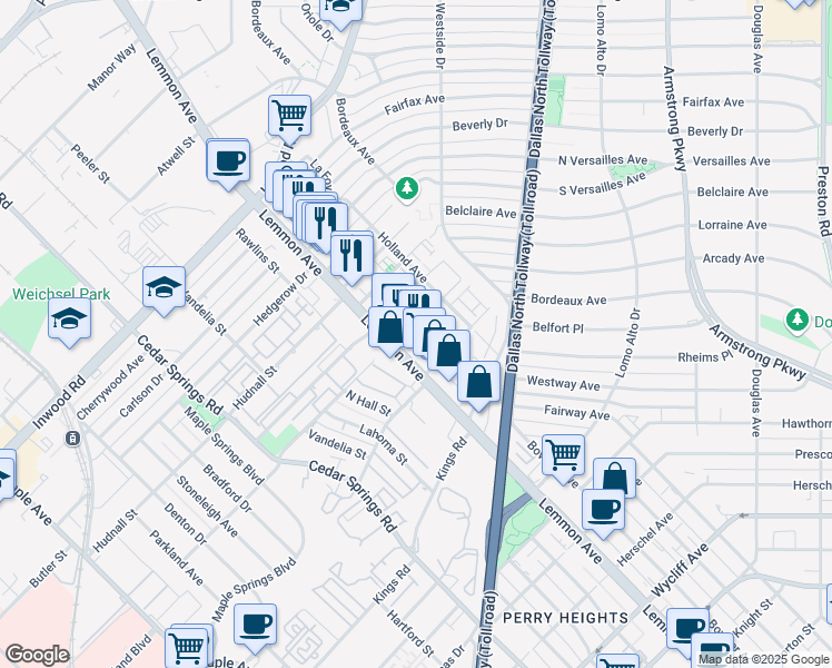 map of restaurants, bars, coffee shops, grocery stores, and more near 3520 Wheeler Street in Dallas