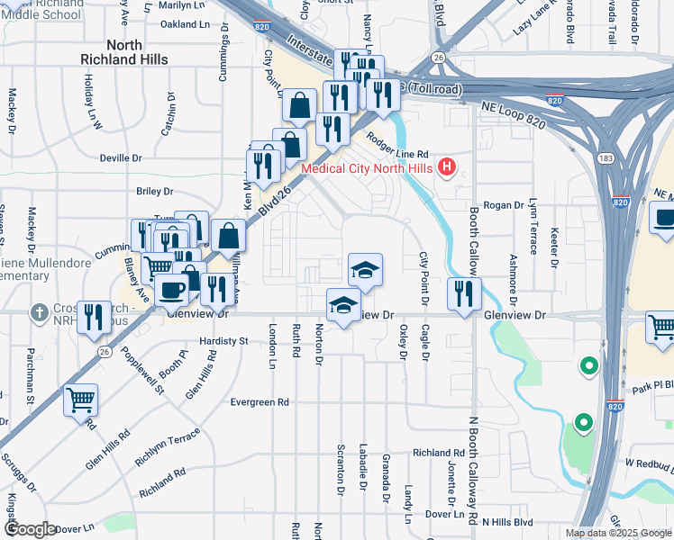map of restaurants, bars, coffee shops, grocery stores, and more near 4201 City Point Drive in North Richland Hills