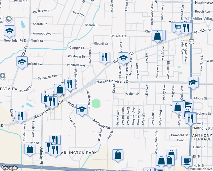 map of restaurants, bars, coffee shops, grocery stores, and more near 3060 Mercer University Drive in Macon