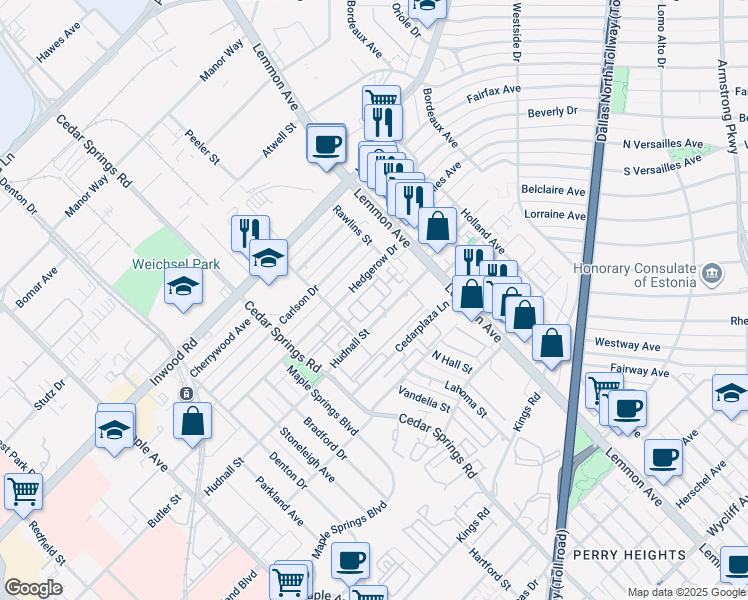 map of restaurants, bars, coffee shops, grocery stores, and more near 3301 Hudnall Street in Dallas