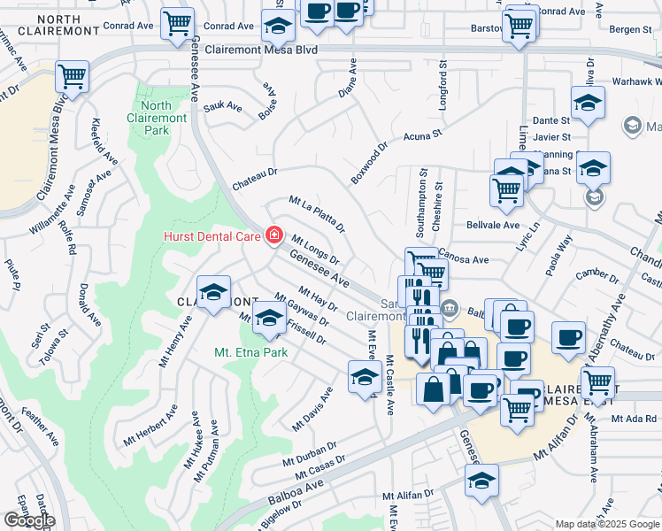 map of restaurants, bars, coffee shops, grocery stores, and more near 4975 Mount La Platta Drive in San Diego