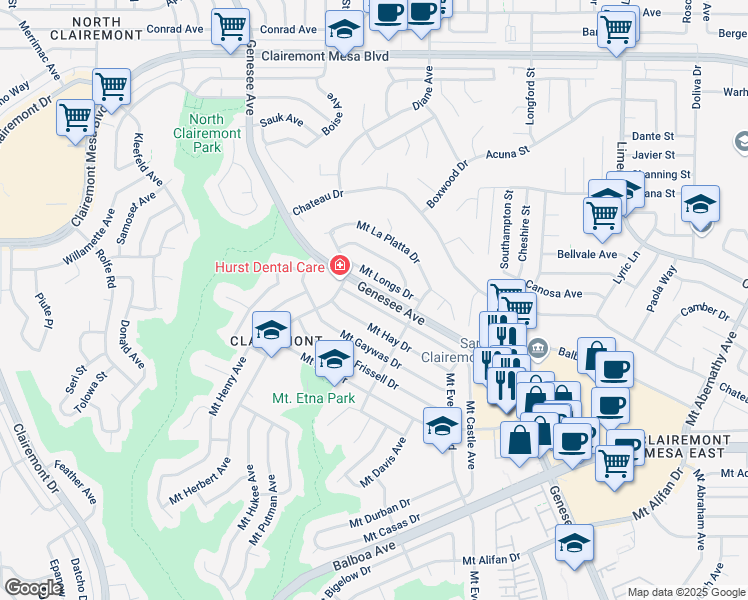 map of restaurants, bars, coffee shops, grocery stores, and more near 4817 Mount Longs Drive in San Diego
