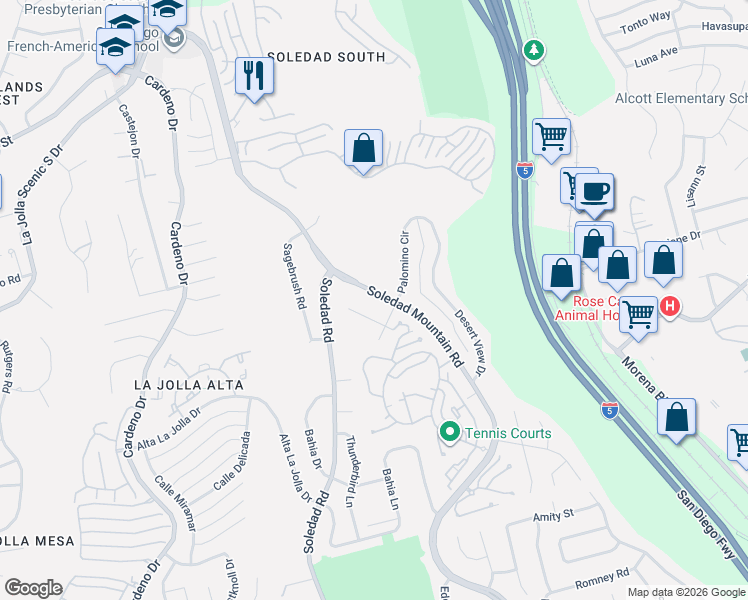 map of restaurants, bars, coffee shops, grocery stores, and more near 5811 Soledad Mountain Road in San Diego