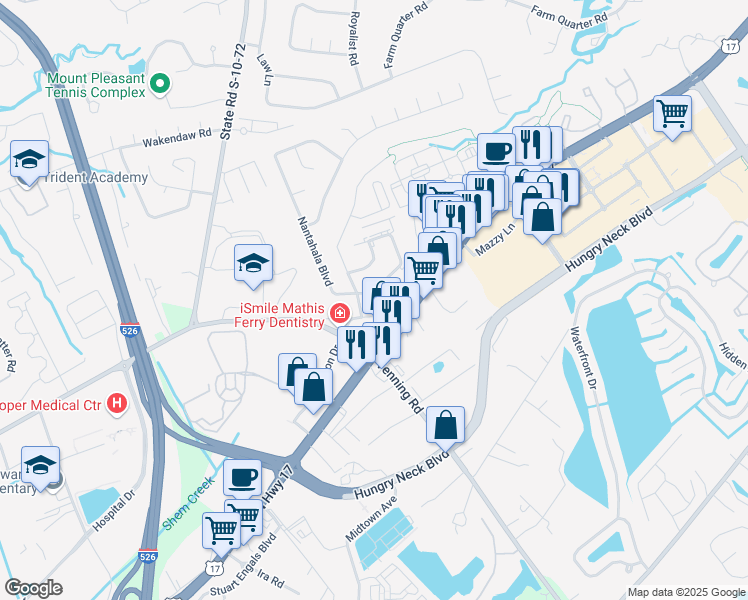 map of restaurants, bars, coffee shops, grocery stores, and more near 1583 Nantahala Boulevard in Mount Pleasant