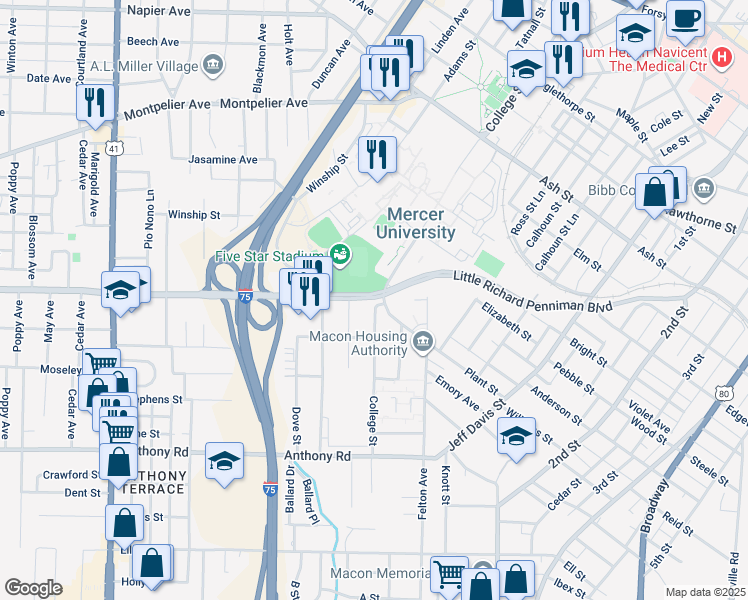 map of restaurants, bars, coffee shops, grocery stores, and more near in Macon