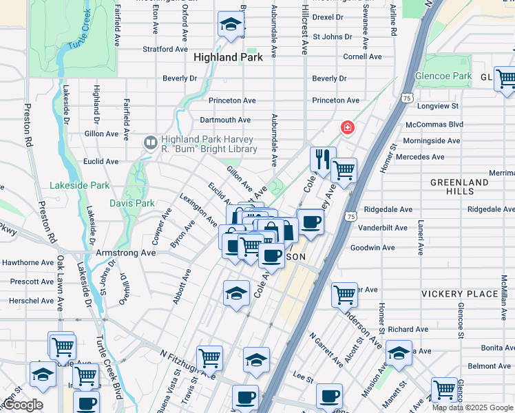 map of restaurants, bars, coffee shops, grocery stores, and more near 3501 Gillon Avenue in Dallas
