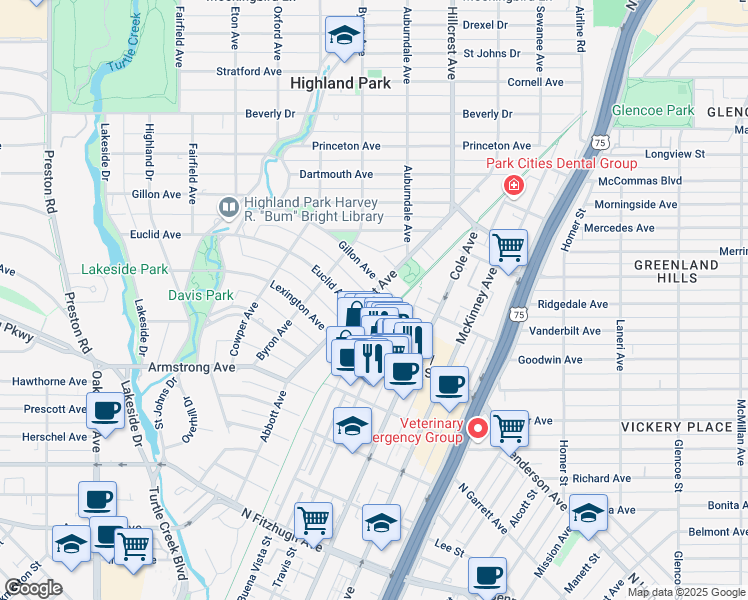 map of restaurants, bars, coffee shops, grocery stores, and more near 3501 Gillon Avenue in Dallas