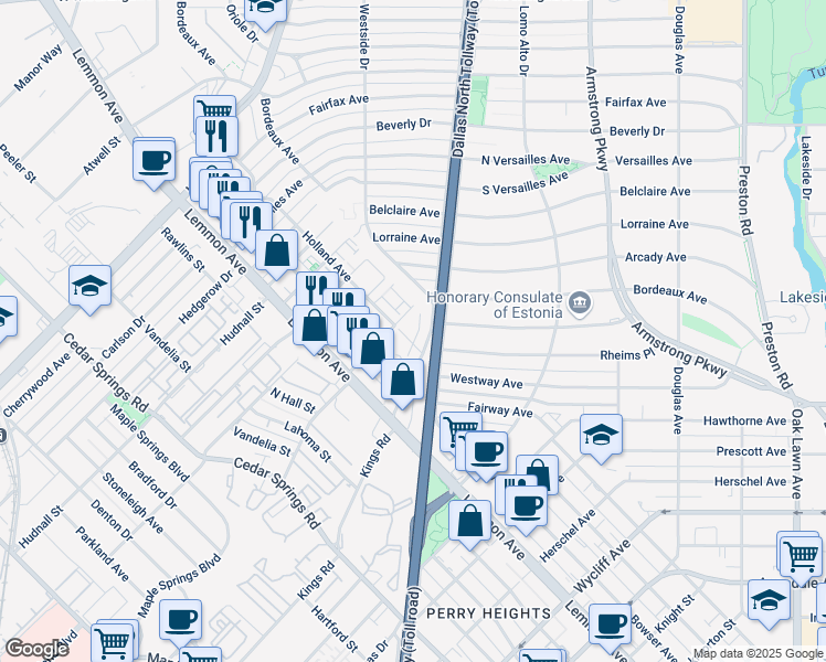 map of restaurants, bars, coffee shops, grocery stores, and more near 5020 Holland Avenue in Dallas