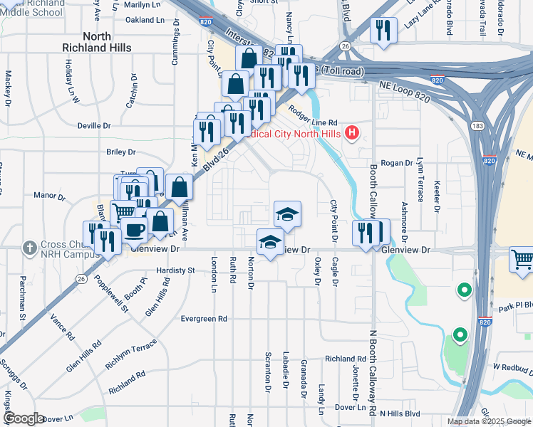 map of restaurants, bars, coffee shops, grocery stores, and more near 4201 City Point Drive in North Richland Hills