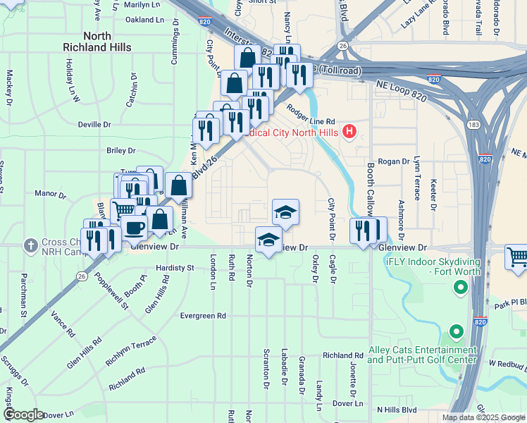 map of restaurants, bars, coffee shops, grocery stores, and more near 4201 City Point Drive in North Richland Hills