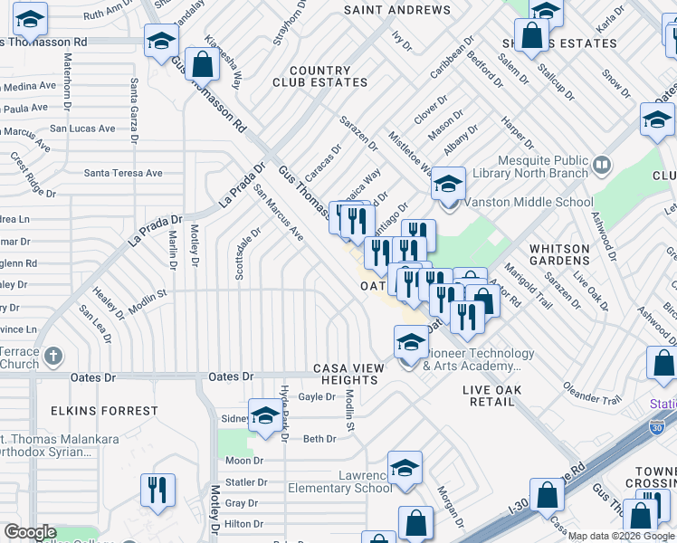 map of restaurants, bars, coffee shops, grocery stores, and more near 4538 San Marcus Drive in Mesquite