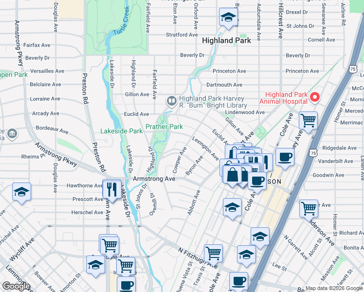 map of restaurants, bars, coffee shops, grocery stores, and more near 3711 Lexington Avenue in Dallas