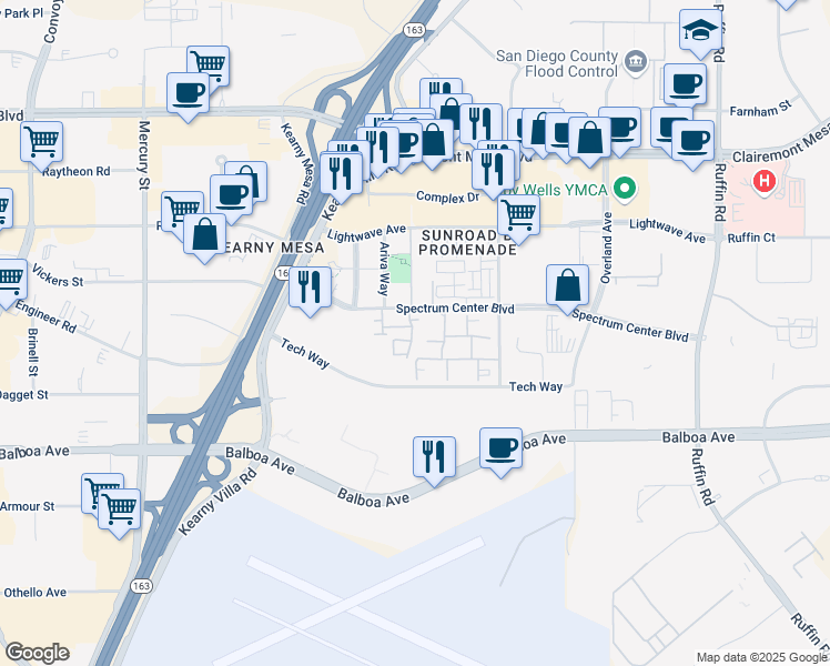 map of restaurants, bars, coffee shops, grocery stores, and more near 31 Spectrum Center Boulevard in San Diego