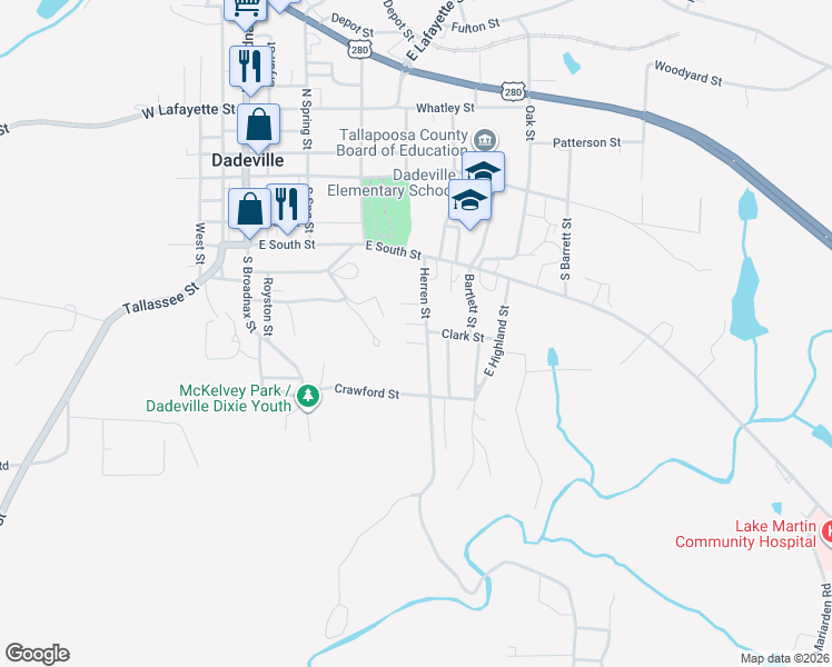 map of restaurants, bars, coffee shops, grocery stores, and more near 344-382 Herren Street in Dadeville
