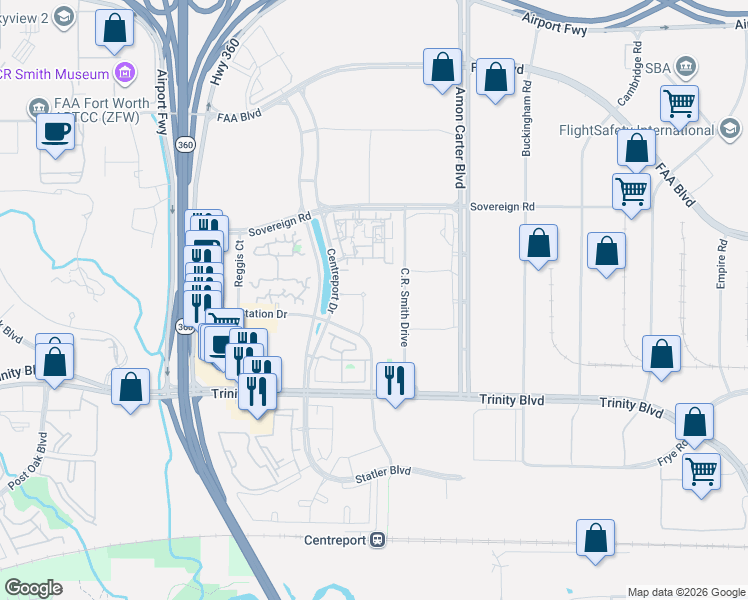 map of restaurants, bars, coffee shops, grocery stores, and more near 4328 Centreport Drive in Fort Worth