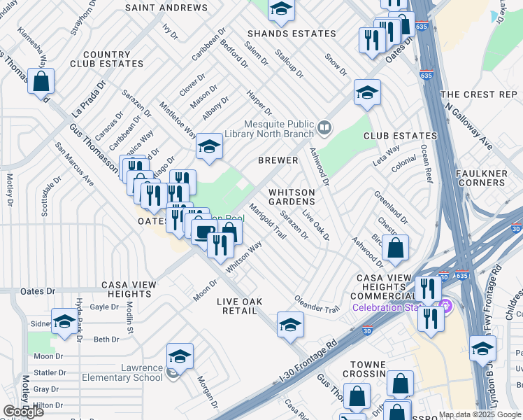 map of restaurants, bars, coffee shops, grocery stores, and more near 4525 Sarazen Drive in Mesquite