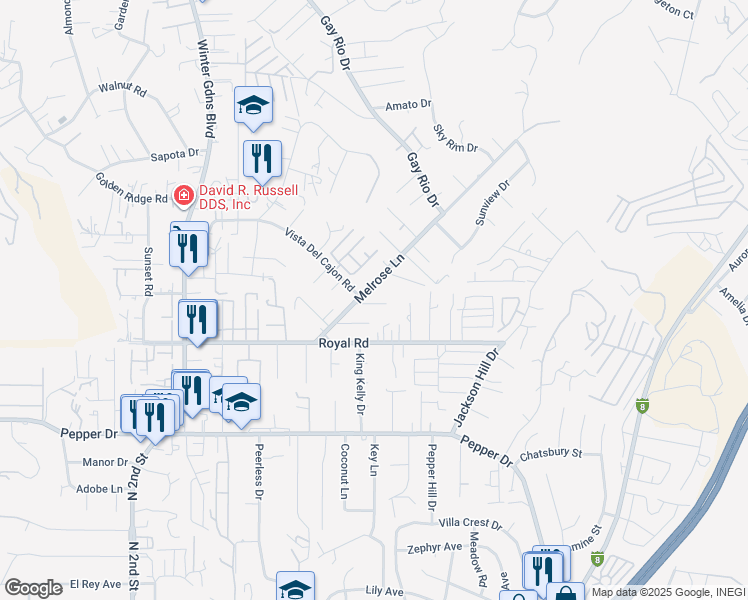 map of restaurants, bars, coffee shops, grocery stores, and more near 12378 Wade Way in El Cajon