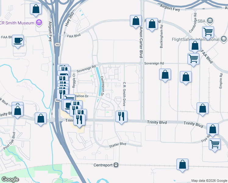map of restaurants, bars, coffee shops, grocery stores, and more near 4328 Centreport Drive in Fort Worth