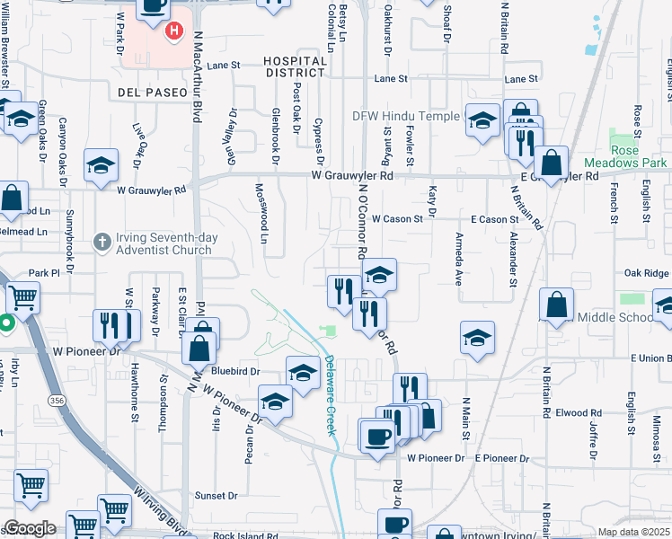 map of restaurants, bars, coffee shops, grocery stores, and more near 1109 North O'Connor Road in Irving