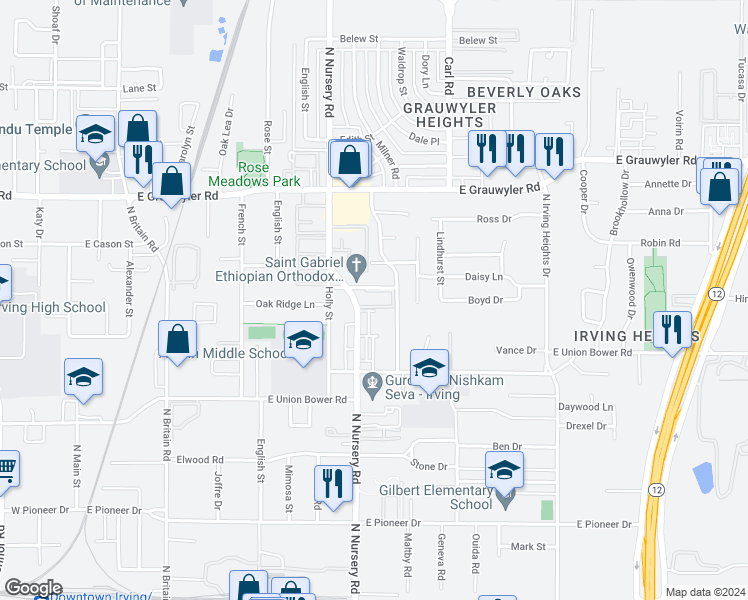 map of restaurants, bars, coffee shops, grocery stores, and more near 1204 North Nursery Road in Irving