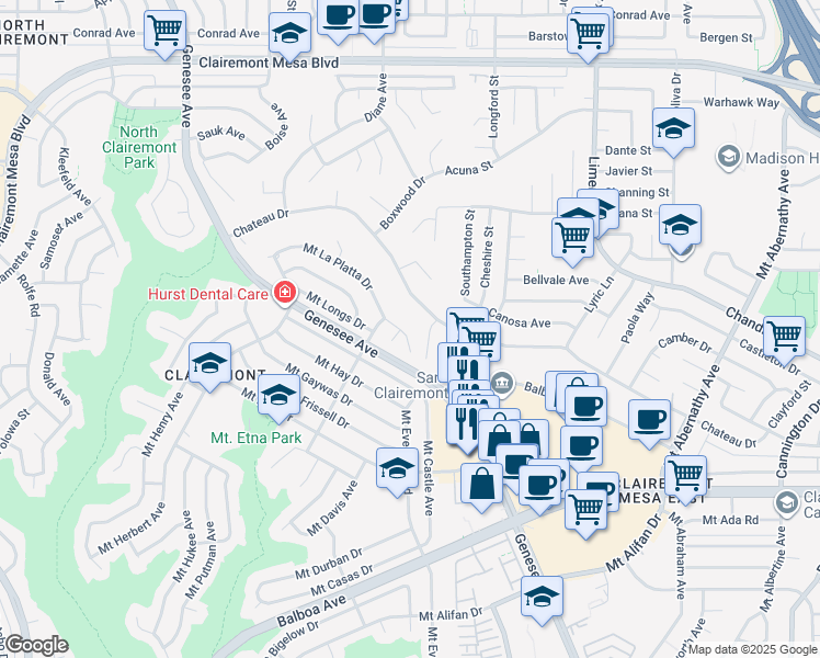 map of restaurants, bars, coffee shops, grocery stores, and more near 5044 Mount La Platta Drive in San Diego