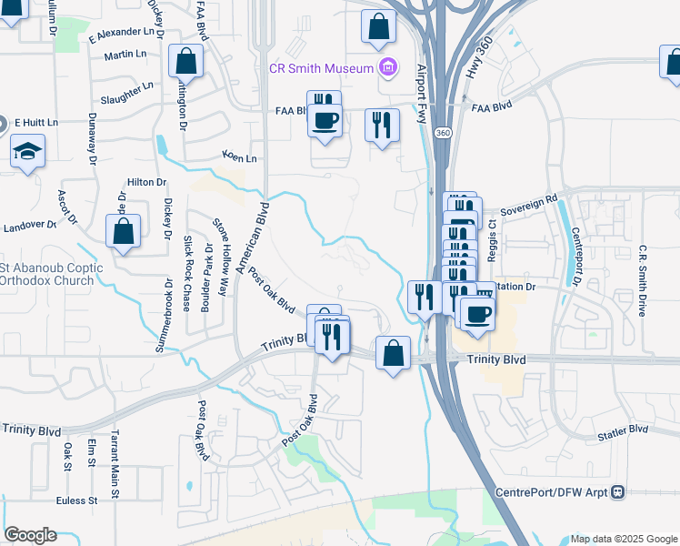 map of restaurants, bars, coffee shops, grocery stores, and more near 1 Skyview Drive in Fort Worth