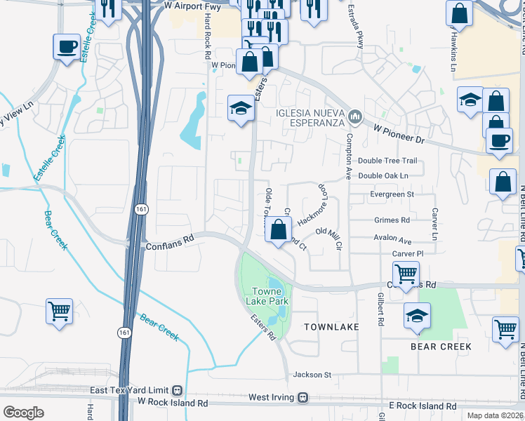 map of restaurants, bars, coffee shops, grocery stores, and more near 1115 Olde Towne Drive in Irving