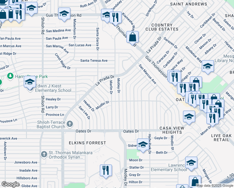 map of restaurants, bars, coffee shops, grocery stores, and more near 9934 Marlin Drive in Dallas