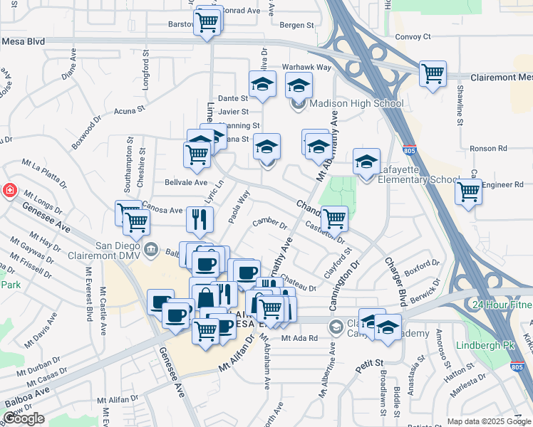 map of restaurants, bars, coffee shops, grocery stores, and more near 5605 Castleton Drive in San Diego