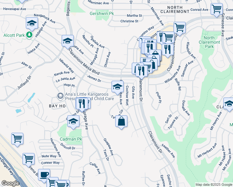 map of restaurants, bars, coffee shops, grocery stores, and more near 3582 Hatteras Avenue in San Diego