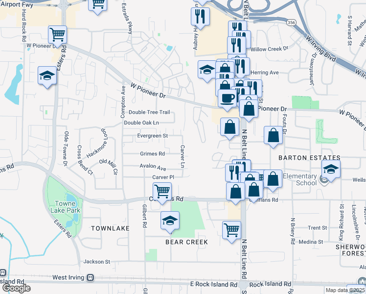 map of restaurants, bars, coffee shops, grocery stores, and more near 1122 Carver Ln in Irving
