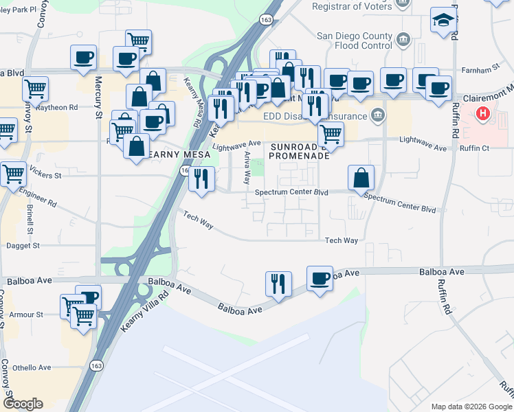 map of restaurants, bars, coffee shops, grocery stores, and more near 8728 Esplanade Park Lane in San Diego