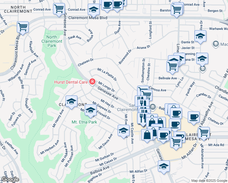 map of restaurants, bars, coffee shops, grocery stores, and more near 4975 Mount La Platta Drive in San Diego