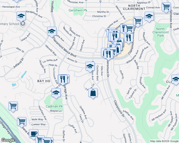 map of restaurants, bars, coffee shops, grocery stores, and more near 3553 Idlewild Way in San Diego