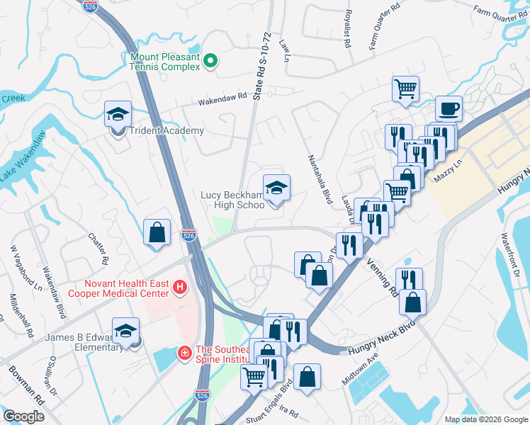 map of restaurants, bars, coffee shops, grocery stores, and more near 1560 Mathis Ferry Road in Mount Pleasant