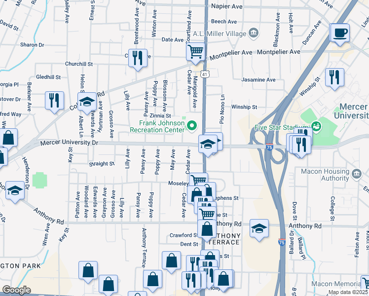 map of restaurants, bars, coffee shops, grocery stores, and more near 490 Petunia Avenue in Macon