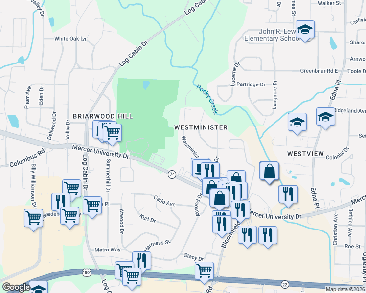 map of restaurants, bars, coffee shops, grocery stores, and more near 1525 Westminister Drive in Macon