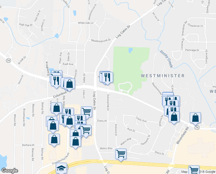 map of restaurants, bars, coffee shops, grocery stores, and more near 4191 Mercer University Drive in Macon