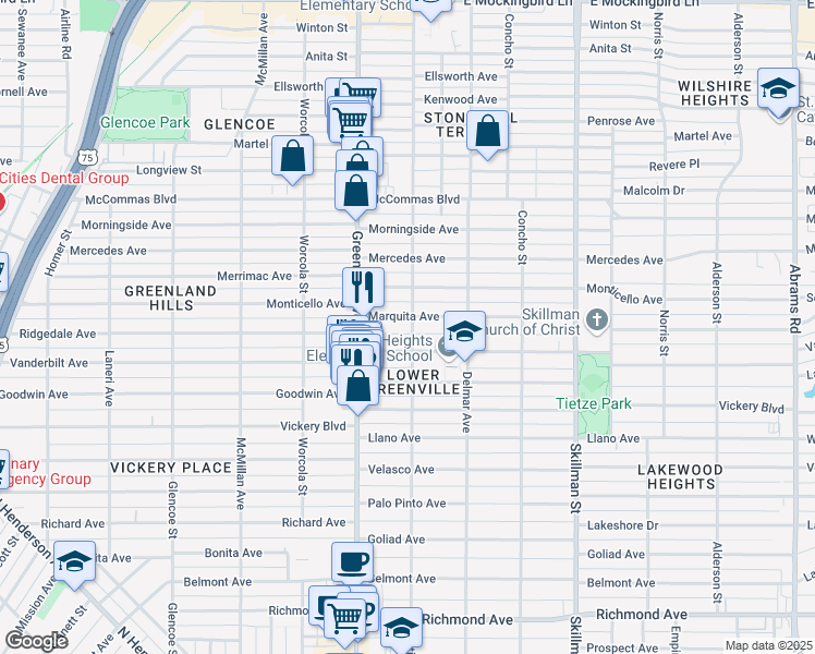 map of restaurants, bars, coffee shops, grocery stores, and more near 5800 Marquita Avenue in Dallas