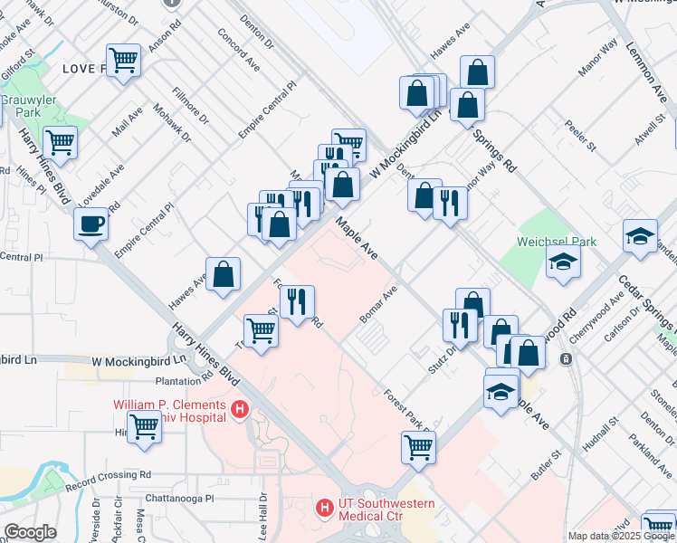 map of restaurants, bars, coffee shops, grocery stores, and more near 6535 Maple Avenue in Dallas