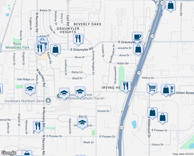 map of restaurants, bars, coffee shops, grocery stores, and more near 1202 North Irving Heights Drive in Irving