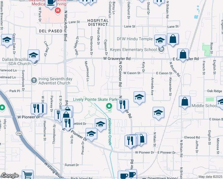 map of restaurants, bars, coffee shops, grocery stores, and more near 1109 North O'Connor Road in Irving