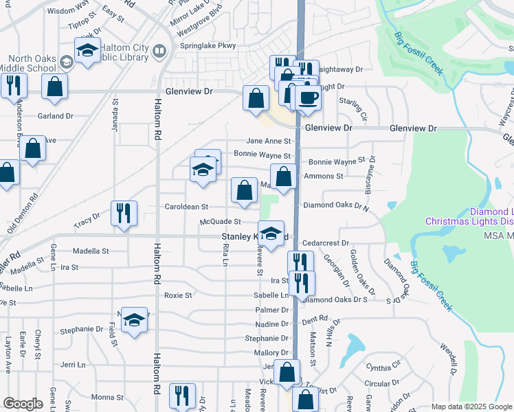 map of restaurants, bars, coffee shops, grocery stores, and more near 5320 Lucille Street in Fort Worth