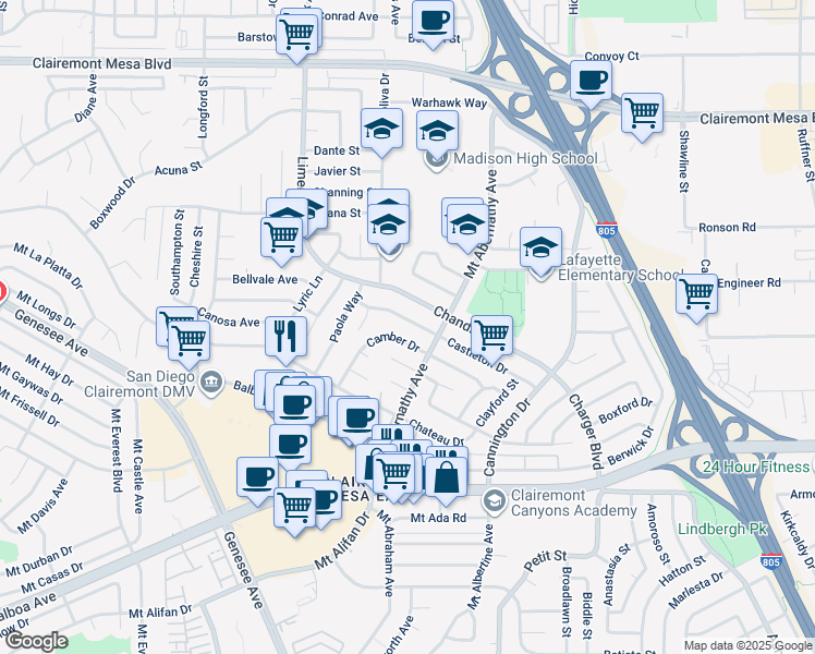 map of restaurants, bars, coffee shops, grocery stores, and more near 5715 Castleton Drive in San Diego