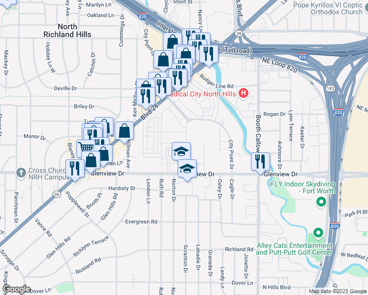 map of restaurants, bars, coffee shops, grocery stores, and more near 4201 City Point Drive in North Richland Hills
