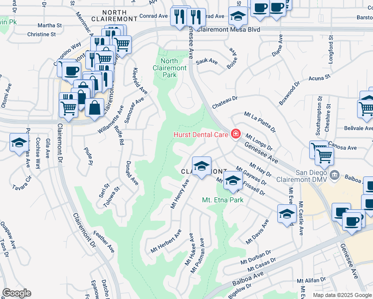 map of restaurants, bars, coffee shops, grocery stores, and more near 4536 Mount Lindsey Place in San Diego