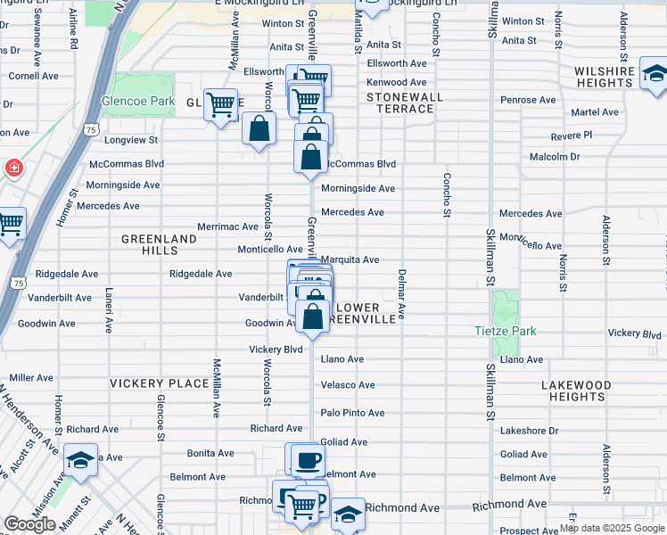 map of restaurants, bars, coffee shops, grocery stores, and more near 5720 Marquita Avenue in Dallas