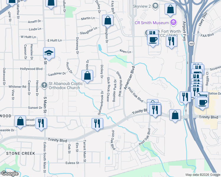 map of restaurants, bars, coffee shops, grocery stores, and more near 4205 Boulder Park Drive in Euless