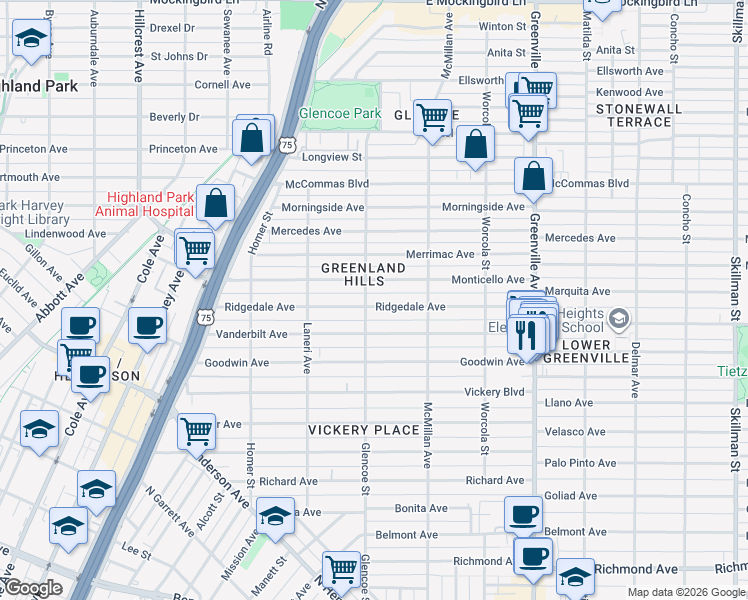 map of restaurants, bars, coffee shops, grocery stores, and more near in Dallas