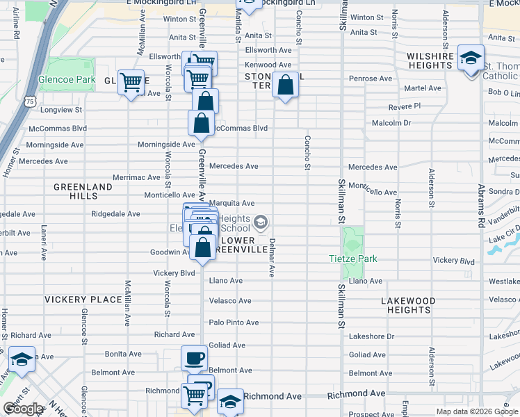 map of restaurants, bars, coffee shops, grocery stores, and more near 5832 Marquita Avenue in Dallas